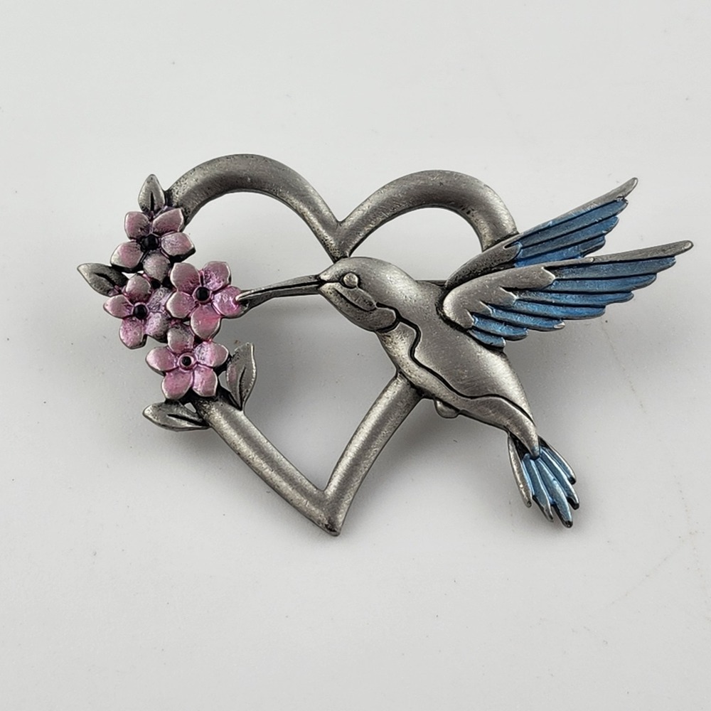 Vintage JJ JonetteHummingbird Flowers Heart Pewter Silver Tone Blue WIngs Brooch